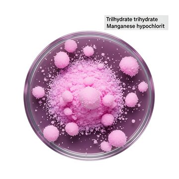 Top view of manganese hypochlorite trihydrate powder in a glass petri dish with pink granules on a purple surface