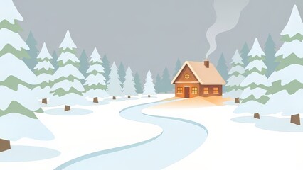 Fototapeta premium Cozy Winter Cabin Scene with Snow Covered Trees and Serene Landscape.