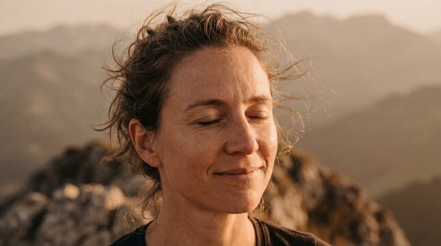 A serene woman with closed eyes, savoring a moment of peaceful reflection against a backdrop of majestic mountain peaks. Capturing the tranquility of self-discovery and inner peace.