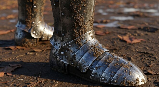 Muddy Knight Armor Boot Standing on Ground