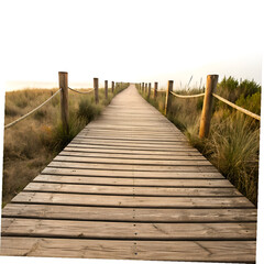 Fototapeta premium Serene Wooden Boardwalk Path Through Coastal Dunes Towards the Horizon at Sunset
