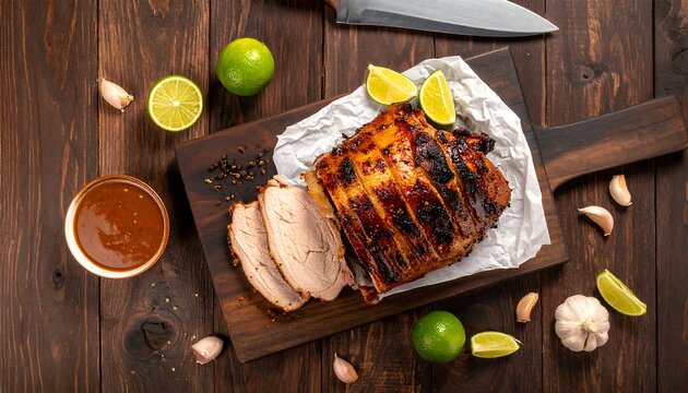 Pernil Asado slow roasted pork shoulder with crispy skin on carving board