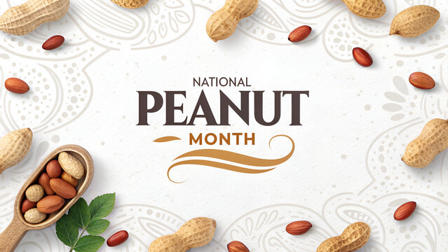 National peanut month poster with scattered peanuts and a wooden spoon on a white background with decorative patterns