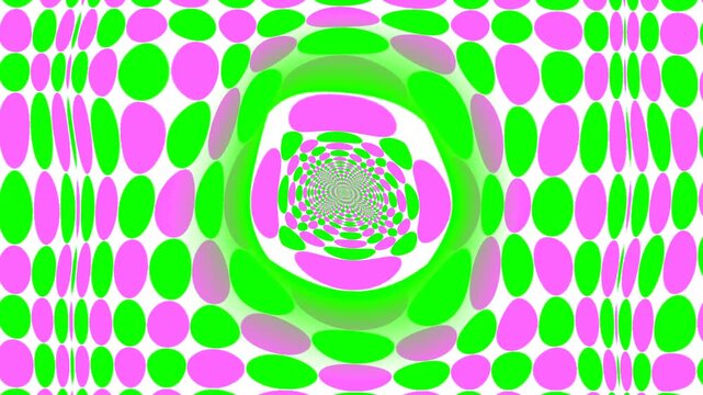 Kaleidoscopic abstract background of pink and  green op-art turbulent dots. Seamless hypnotic trippy psychedelic animation a geometric backdrop