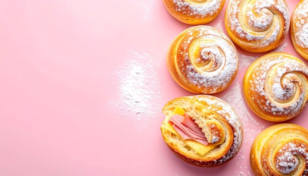Mallorcas sweet bread rolls dusted with powdered sugar overhead view