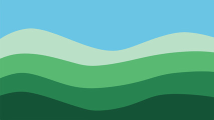 Obraz premium Abstract graphic illustration with layers of green hills under blue sky