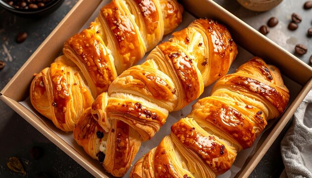 Quesitos twisted puff pastry filled with sweet cream cheese and honey glaze