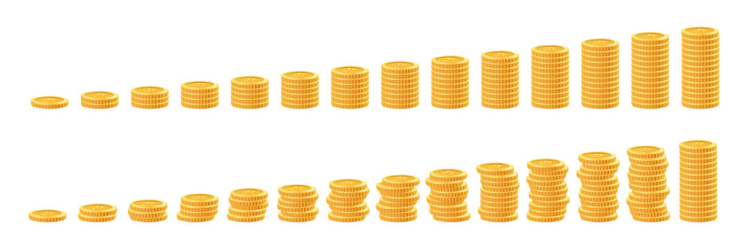Coin tower graph, representing investment charts and bank interest profit growth. Vertical illustration. Gold coins lined up in rows in different columns. Vector illustration.