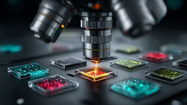 Scientist examining specimen with advanced microscope in laboratory