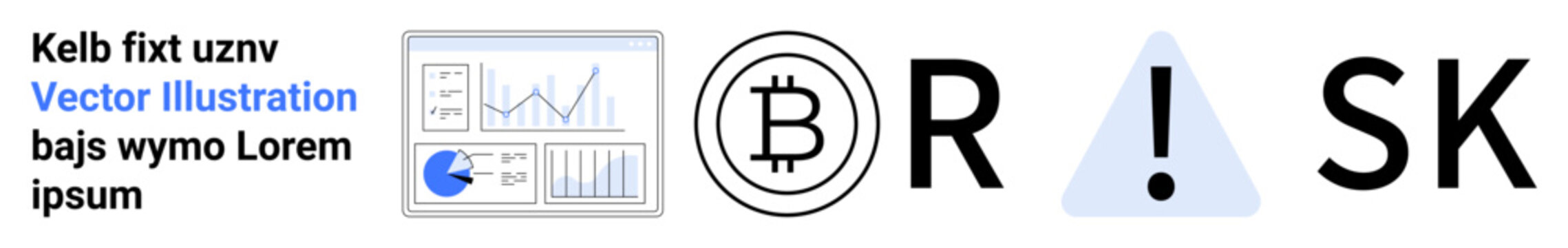 Data analytics dashboard with rising charts, Bitcoin logo, exclamation warning in a triangle, and bold text spelling RISK. Ideal for markets, finance, investment, risk, cryptocurrency safety simple