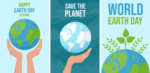 Set of vector vertical posters, banners, and placards for Earth Day for social media, billboards, educational materials, and environmental campaigns.