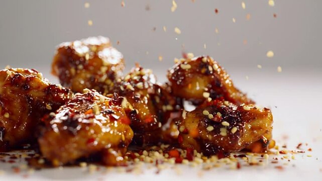 Spicy Chicken Wings with Sesame Seeds and Spices on White Surface