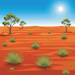 Obraz premium Cartoon-style illustration of a desert landscape with sun and trees