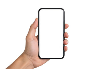 Hand holding smartphone with blank screen isolated on transparent background