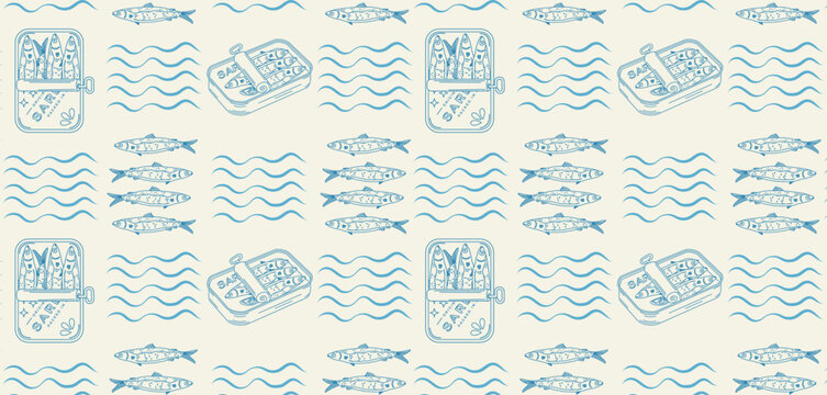Minimalist pattern with hand-drawn sardine cans and fish. Mediterranean Italian cuisine. Dolce Vita. Sketch. Vector illustration.