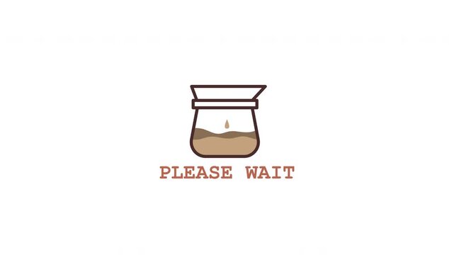 Minimalist 4K coffee loading animation with pour over drip filter brewing into a glass coffee pot. Smooth coffee flow combined with &ldquo;please wait&rdquo; text, clean flat style and transparent background.