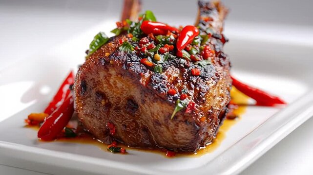 Grilled Lamb Chop with Herbs and Chili Peppers on a White Plate