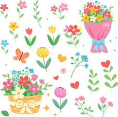 Spring Floral Vector Set with Flowers, Bouquets and Decorative Elements