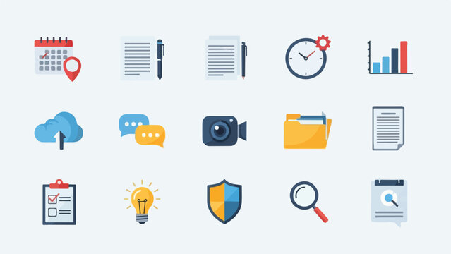 Collection of flat design, colorful icons representing various concepts