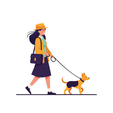 A woman in a hat walks a small dog on a leash; a sunny day