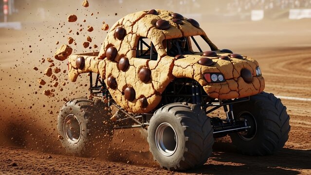 Giant Chocolate Chip Cookie Monster Truck Crushing Dirt in Action Shot.