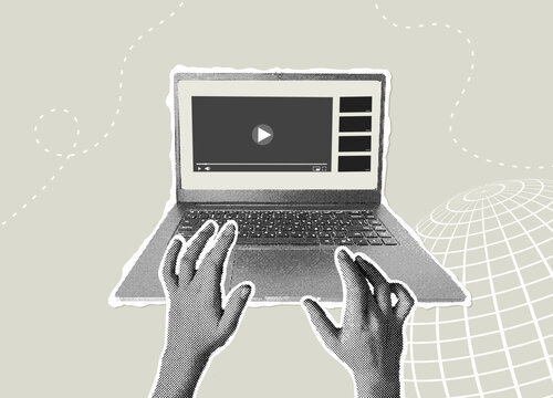 A collection of online videos for viewing. Tredy halftone collage. Concept for watching educational videos, films, and other informative content. Vector illustration.