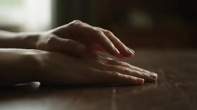 Hands Resting on a Table Surface.