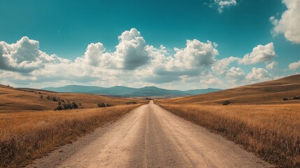 A long, winding dirt road stretches through a valley towards a distant mountain range under a bright blue sky with puffy white clouds.