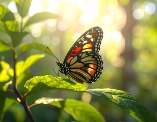 Obraz premium Colorful Butterfly Resting on Green Leaf in Nature.