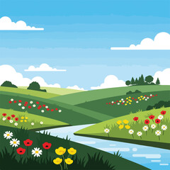 Obraz premium Cartoon-style illustration of a sunny meadow with a flowing stream