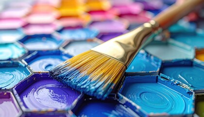 Obraz premium A brush loaded with blue paint resting on a palette