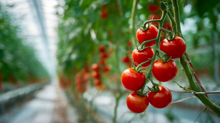 Obraz premium Cluster of ripe red tomatoes growing on vine inside a modern greenhouse with rows of plants stretching into the distance under natural light conditions