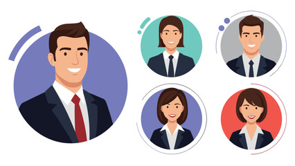 Fototapeta premium Corporate team profile icons featuring one large male portrait and four smaller male and female colleague avatars in circles.