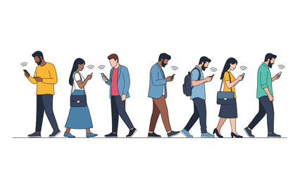 Fototapeta premium Line of diverse people walking in the same direction while focused on their smartphones with digital wireless signals above.