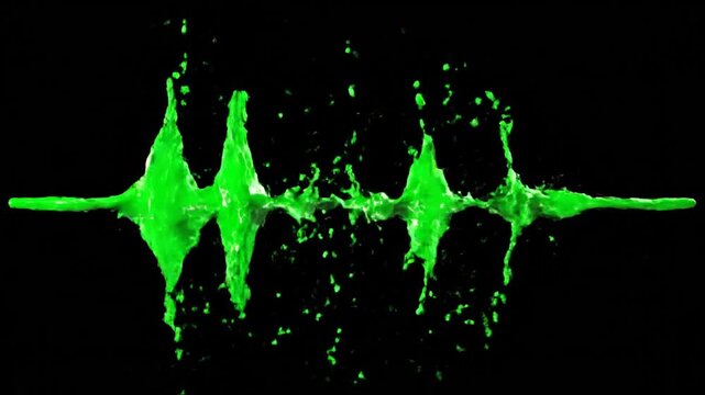 An abstract, energetic video features bright neon green liquid splashing dramatically from a horizontal line on black, resembling a volatile, intense audio waveform.