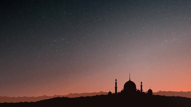 Starry Night Sky Mosque Silhouette Seamless Animation Background
