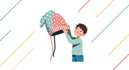 A Young Boy Examining a Unique Hat with Curious Expression In A Colorful Illustration