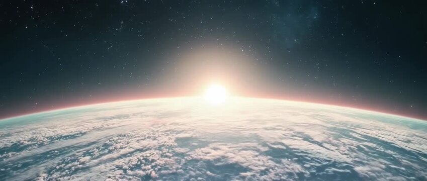 Panoramic view of Earth from space showcasing a vibrant sunrise over the planet\'s cloudy surface and distant stars