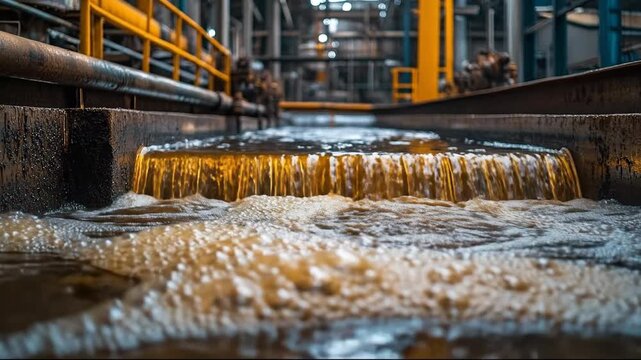 Industrial water flow creating bubbles in a manufacturing setting.