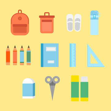 학교 생활을 위한 가방, 공책, 필기구 플랫 디자인 배경