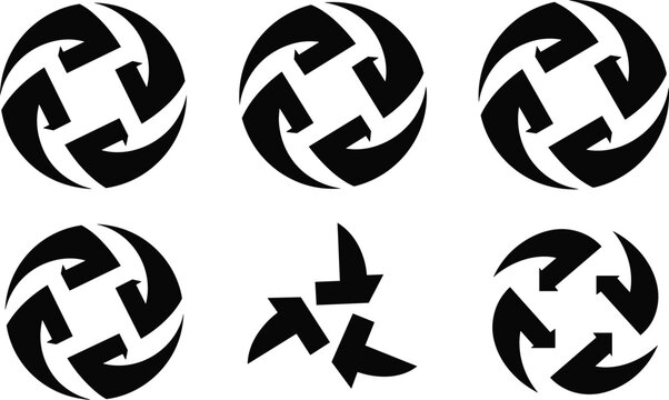 Abstract circular arrow logo set, black geometric rotation symbols, recycle and sync icons, corporate identity design elements isolated on white,