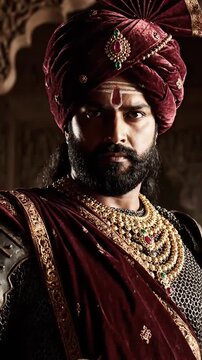 Portrait of a majestic Indian Maratha warrior king in traditional royal attire.
