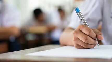 Student writing exam with pen in classroom,education and testing concept,school examination paper,focus on academic performance