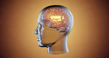Obraz premium Human Head with Glowing Brain, Mental Clarity and Focus, Orange Gradient Background, 3D Illustration
