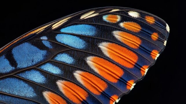 Extraordinary magnified view of Charaxes butterfly wing showing electric cobalt blue center dramatically transitioning to vivid tangerine orange edges, suspended against perfect black void,