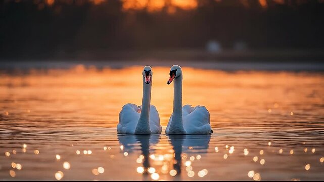 Two swans gracefully swim together at sunset on calm waters.