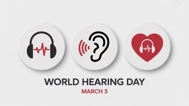 World Hearing Day March 3 icons with headphones, ear, and heart, isolated on white background