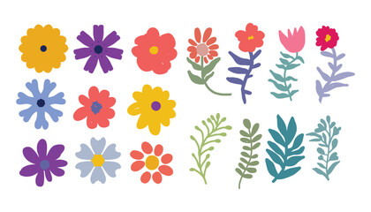 Colorful Set of Wildflowers and Leaves Hand Drawn Botanical Collection.