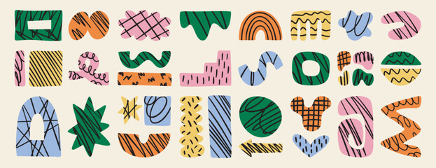 Set abstract forms cute creative shapes with doodle lines, wobble blob shape organic, liquid form, hand drawn. Suitable for stickers, logos, posters, packaging and printable projects.