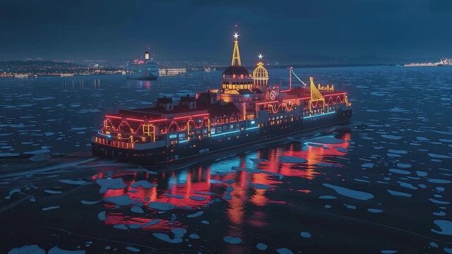Enchanting Vessel in Icy Waters: A majestic icebreaker, illuminated with festive lights, navigates through a serene expanse of ice and water at dusk.